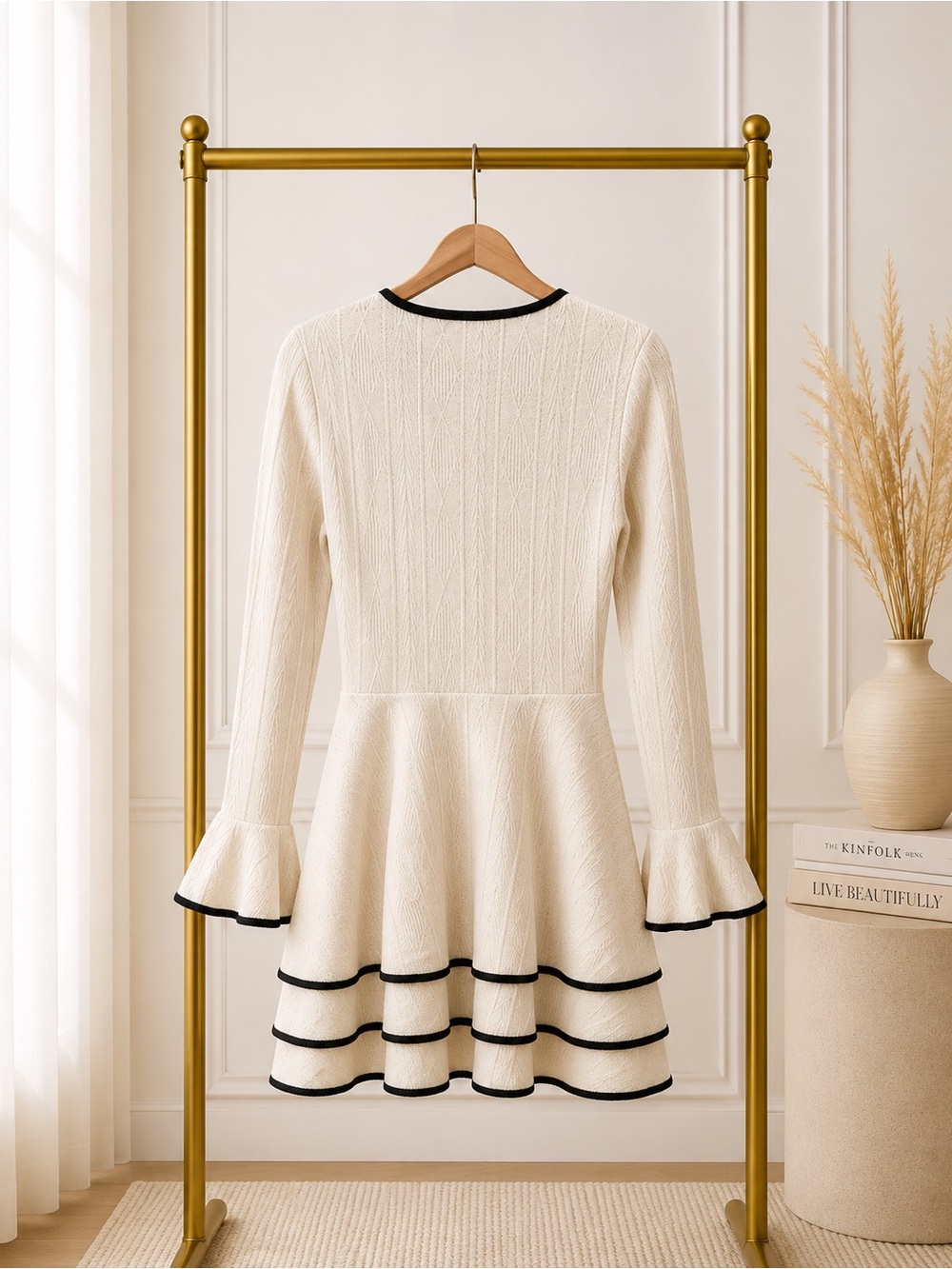 🔴 Cream Textured Long-Sleeve Peplum Dress with Black Piping - Picture 2 of 2